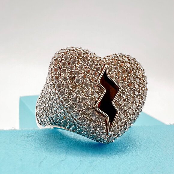 925 Sterling Sliver Moissanite Broken Heart Ring, 2.9ctw VVS Stones Hip Hop Jewe - Picture 7 of 9